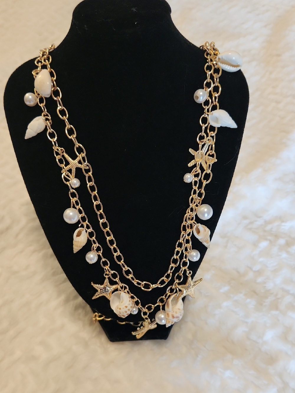 SOLD! Do not buy. Gold Toned Shell & Pearl Layered Boho Coastal Necklace -